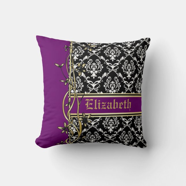 Black white damask pattern gold floral border throw pillow (Front)