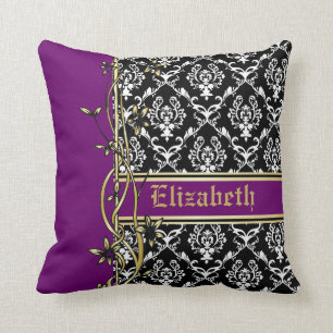 Black white damask pattern gold floral border throw pillow