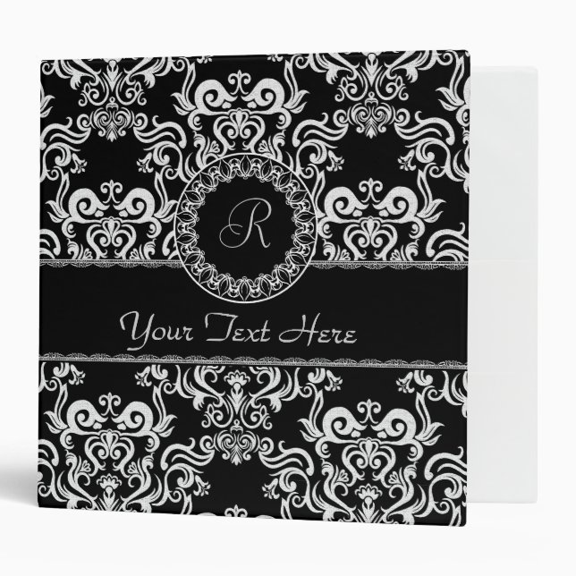 Black & White Damask Pattern -Monogram Binder (Front/Inside)
