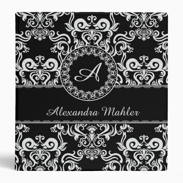 Black & White Damask Pattern-Monogram Binder (Front)