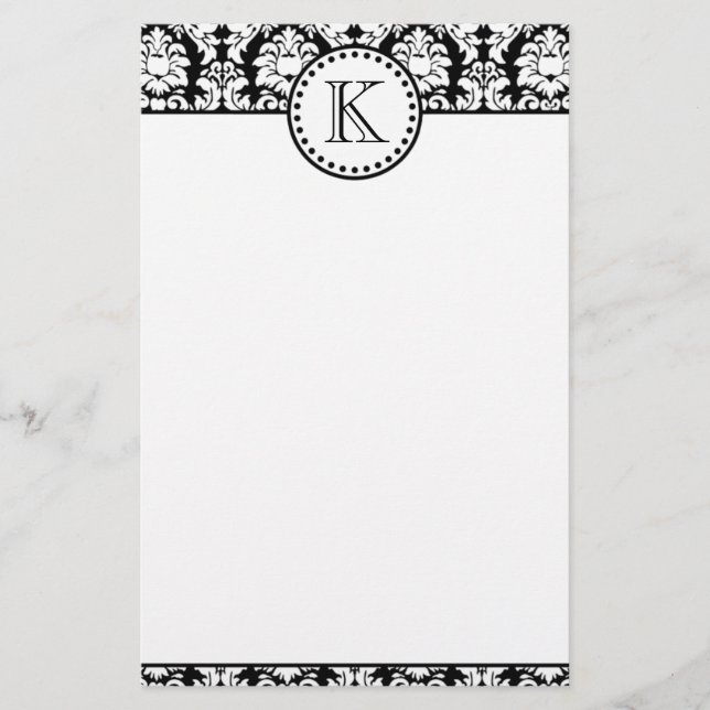Black White Damask Pattern Monogram Stationery (Front)