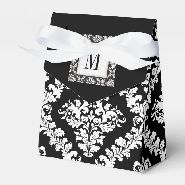 Black, white damask pattern monogram wedding favor box (Front Side)