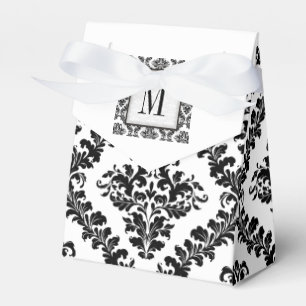 Black, white damask pattern monogram wedding favor box