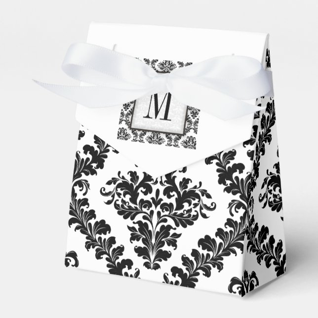 Black, white damask pattern monogram wedding favor box (Front Side)