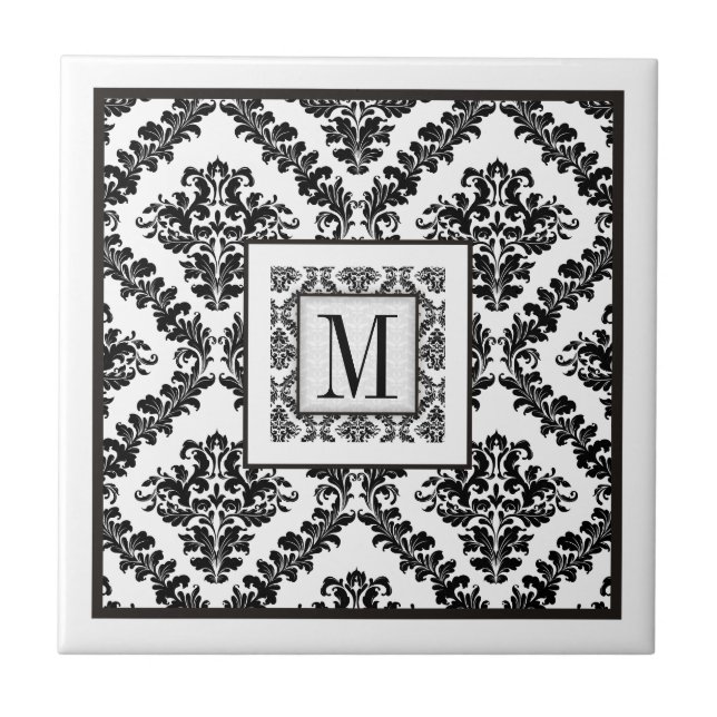 Black, white damask pattern monogram wedding tile (Front)