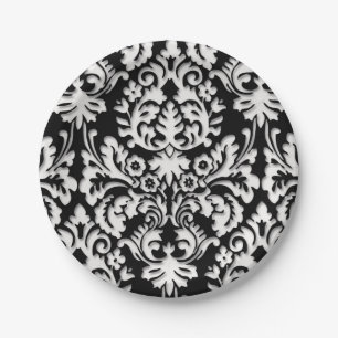 Black & White Damask Pattern Paper Plate