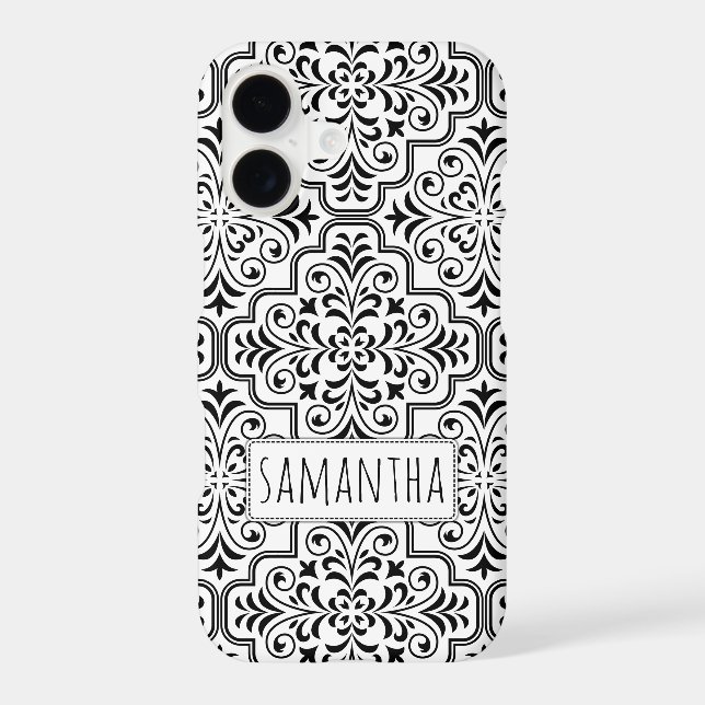 Black, white damask pattern personalized with name (Back)
