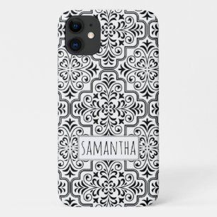 Black, white damask pattern personalized with name iPhone 11 case