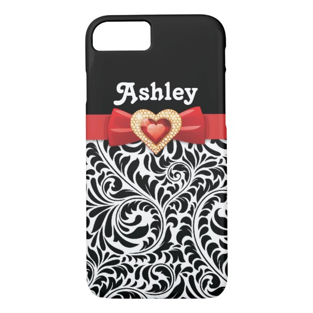 Black white damask pattern & red bow and jewel Case-Mate iPhone case (Back)