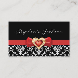 Black white damask pattern with red bow and jewel business card