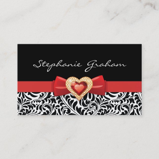 Black white damask pattern with red bow and jewel business card (Front)