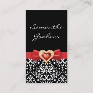 Black white damask pattern with red bow and jewel business card