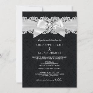 Black & White Damask & Pearl Bow Wedding Invite