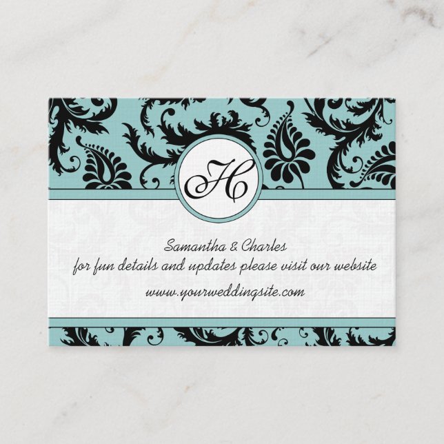 Black White Damask Pool Blue Trim Wedding Website Enclosure Card (Front)