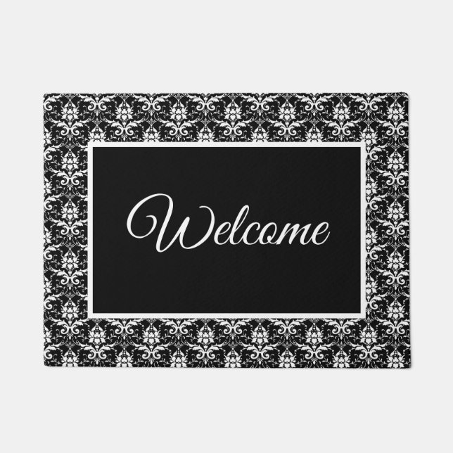Black & White Damask Print Door Mat (Front)