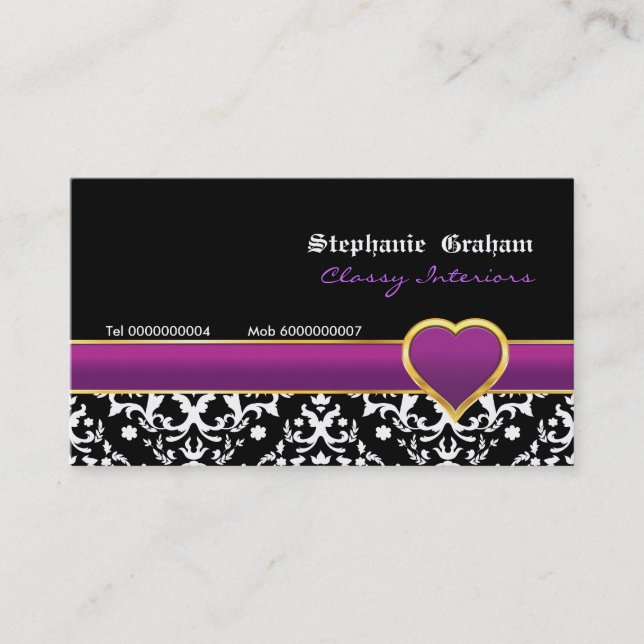 Black white damask purple heart business card (Front)