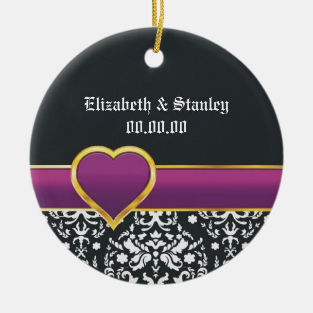 Black white damask purple heart Save the Date Ceramic Ornament (Front)