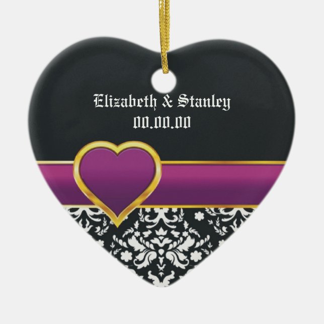 Black white damask purple heart Save the Date Ceramic Ornament (Front)