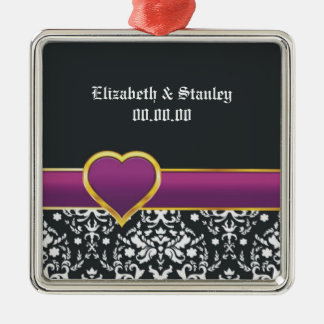 Black white damask purple heart Save the Date Metal Ornament