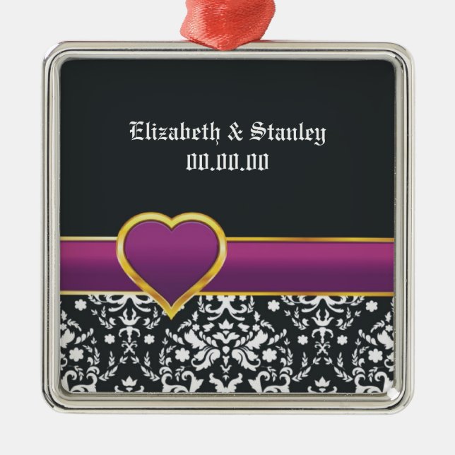 Black white damask purple heart Save the Date Metal Ornament (Front)