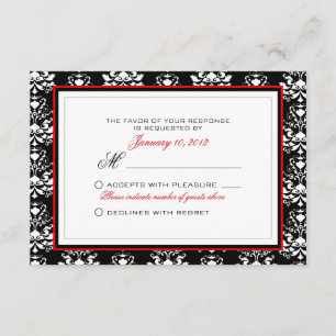 Black & White Damask Red Accent RSVP Custom