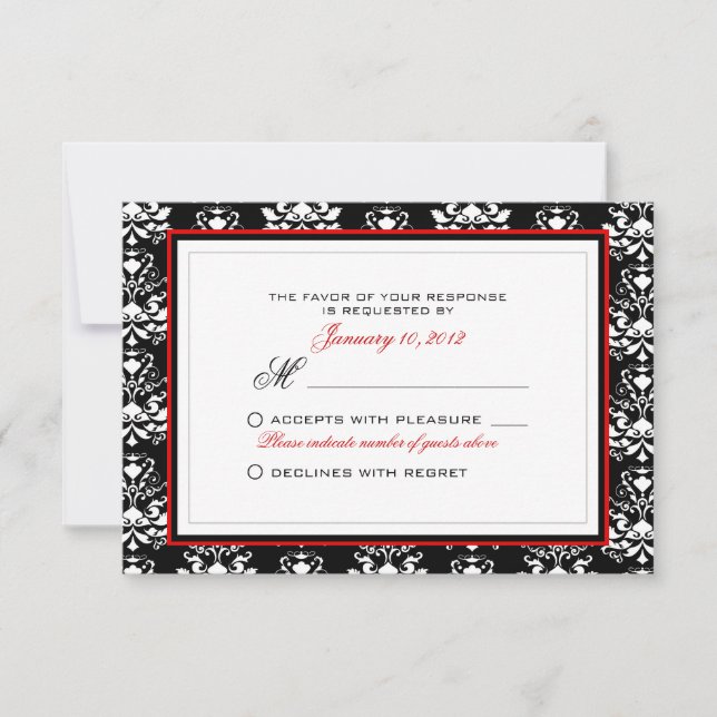 Black & White Damask Red Accent RSVP Custom (Front)
