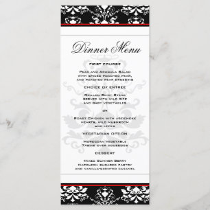 Black & White Damask Red Accent Slim Dinner Menu