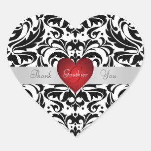 Black & White Damask Red Heart Thank You Sticker
