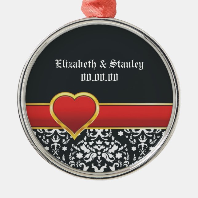 Black white damask red heart wedding Save the Date Metal Ornament (Front)