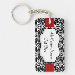 Black/White Damask Red Ribbon Keychain
