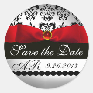 BLACK & WHITE DAMASK  RED RIBBON MONOGRAM Gemstone Classic Round Sticker