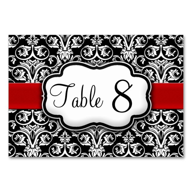 Black/White Damask Red Ribbon Table Number (Front)