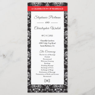 Black White Damask Red Ribbon Wedding Programme