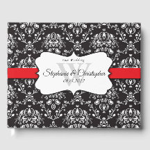 Black White Damask Red Stripe Wedding Guest Book