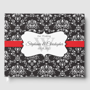 Black White Damask Red Stripe Wedding Guest Book