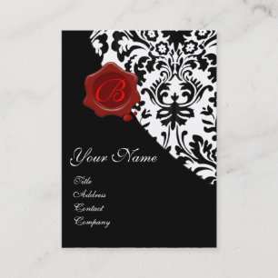 BLACK WHITE DAMASK RED WAX SEAL MONOGRAM BUSINESS CARD