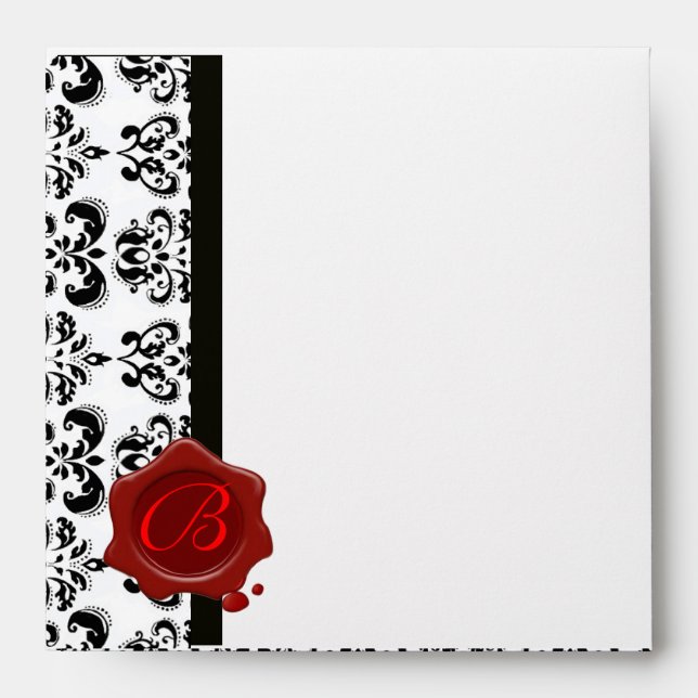 BLACK WHITE DAMASK RED WAX SEAL MONOGRAM ENVELOPE (Front)