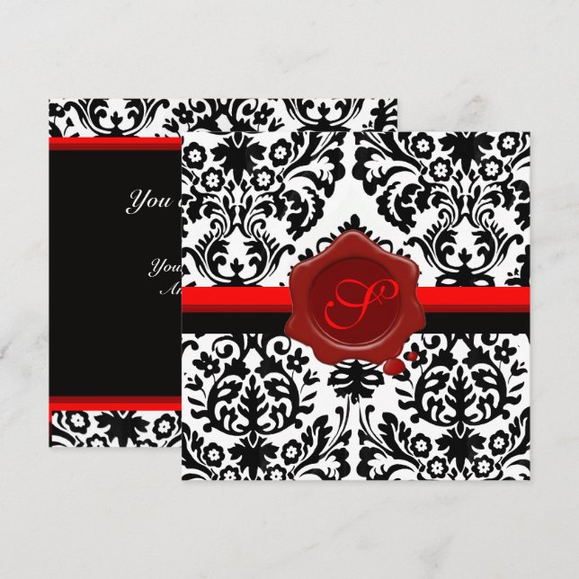 BLACK & WHITE DAMASK, RED WAX SEAL MONOGRAM SILVER INVITATION (Front/Back)