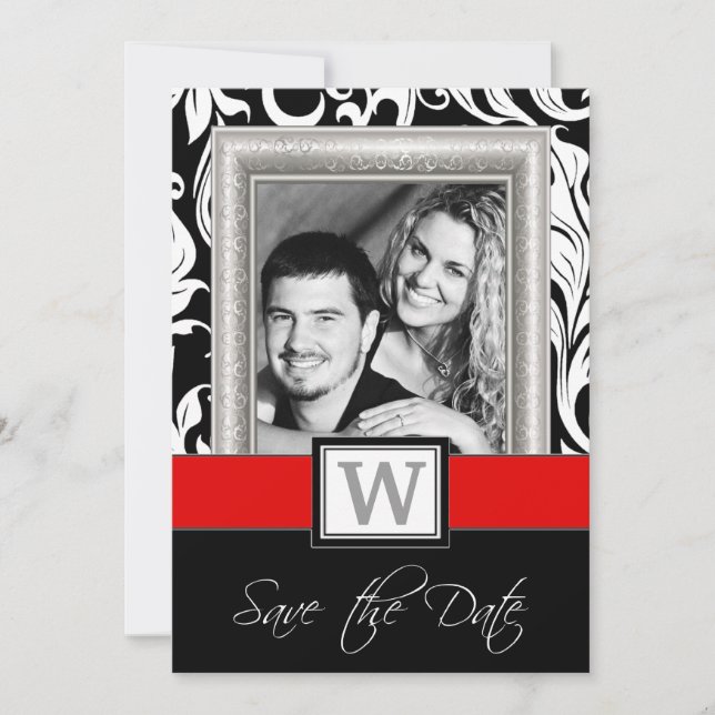 Black White Damask & Red  Wedding Save the Dates Save The Date (Front)