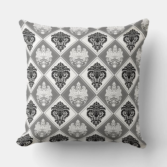 Black/White Damask Reversible Decorative Pillow (Front)