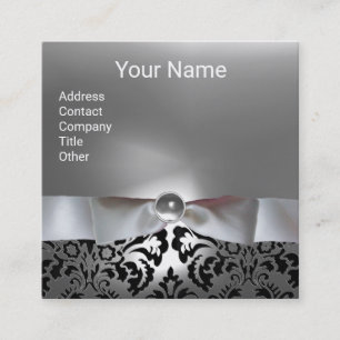 BLACK WHITE DAMASK RIBBON ,GREY GEMSTONE MONOGRAM SQUARE BUSINESS CARD