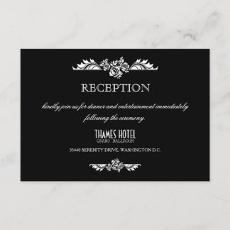Black & White Damask Roses Wedding Reception Card