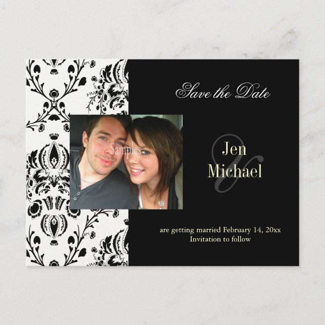 Black + white Damask Save Date Carte postale photo (Devant)