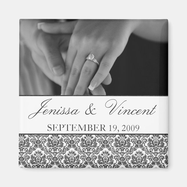 Black & White Damask Save the Date Magnet (Front)