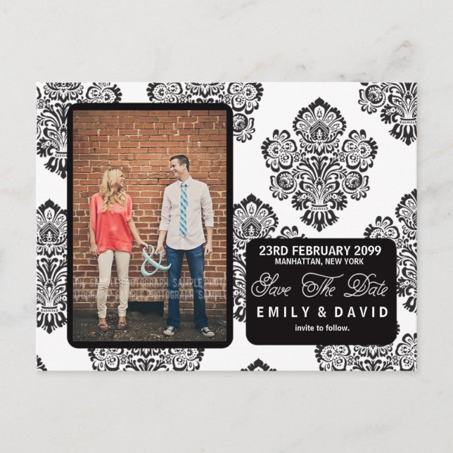 Black White Damask Save the Date Photo Postcard (Front)