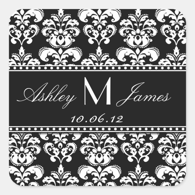 Black White Damask Save the Date Sticker (Front)