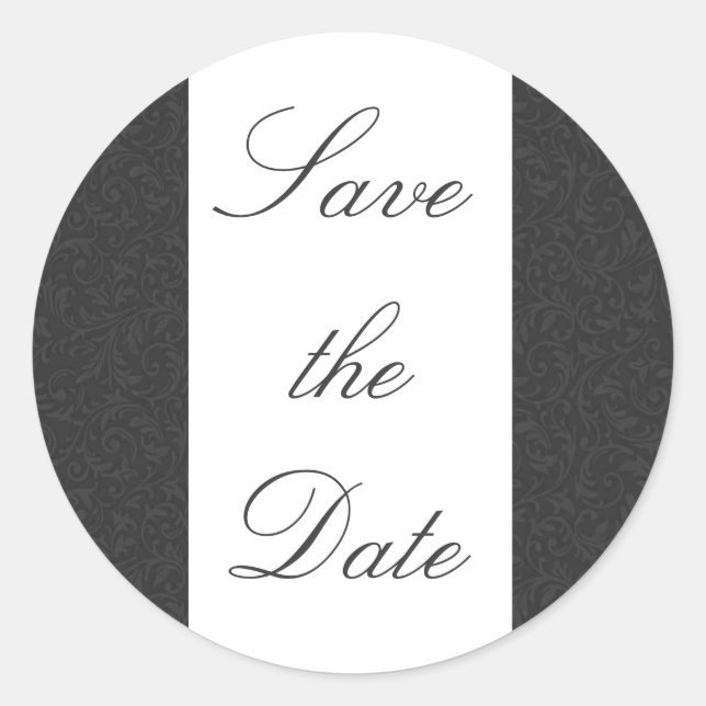Black & White Damask Save the Date Sticker/Seal Classic Round Sticker (Front)