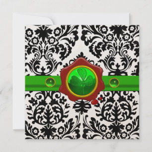 BLACK WHITE DAMASK,SHAMROCK,RED WAX SEAL MONOGRAM INVITATION