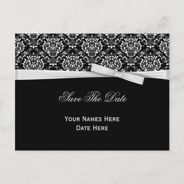 Black White Damask Silver Bow Ribbon Save The Date Announcement Postcard (Front)