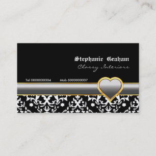 Black white damask silver grey heart business card